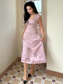 Modelyn Women's Solid Color Round Neck Bow Decor Elegant Dress,Pink Dress - Pink - View 6