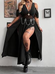 Whyspr Đầm dáng chữ A tay ngắn cổ chữ V phối ren, xẻ tà đôi, cỡ lớn, phong cách vintage punk thanh lịch dành cho nữ. - màu đen - Xem 4