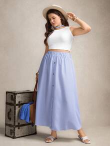 Zelara 夏季加大码女式小豹纹长裙，前中纽扣装饰，夏季女装，夏季度假女裙，长款半身裙，夏季蓝色半身裙，浅蓝色半身裙，夏季长裙，棉质半身裙，条纹半身裙，孕妇半身裙，中长半身裙，纽扣半身裙，休闲半身裙，浅蓝色中长半身裙，前开襟纽扣半身裙 - 藍白色 - 查看 8