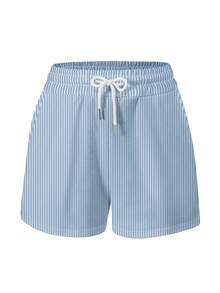 INAWLY Plus Size Women's 2-Piece Set, Striped Shorts, White Women's T-Shirt, Blue Simple Bow Pattern - Multicolor - View 4