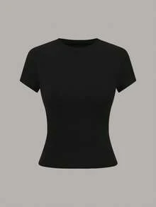 Endroma 女士休闲纯色简约圆领短袖T恤 - 黑色 - 查看 3