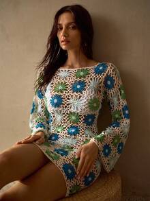 MOTF PREMIUM HANDMADE CONTRAST FLORAL CROCHET ROMANTIC FLARE SLEEVE ONE-SHOULDER SHEER FLOWY VACATION SWIMSUIT COVER UP MINI DRESS - Multicolor - View 1