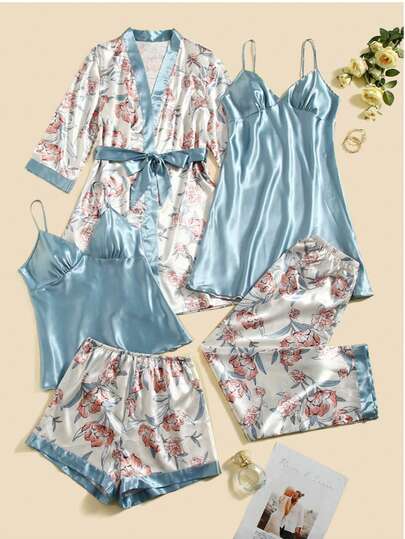 Conjunto de pijama sexy para mujer, pantalones cortos de encaje, tirantes Conjunto de 5 piezas de seda helada para dormir