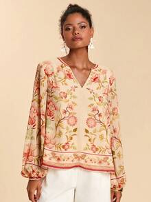 Travachic Floral Print Cutout Neck Casual Vacation Long Sleeve Shirt - Multicolor - View 3