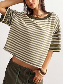 Bohemela 波西米亚风夏季度假情人节嘉年华休闲条纹圆领宽松女式T恤 - 綠色 - 查看 4