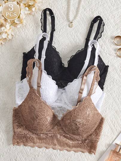 3pcs Women Sexy Elegant Solid Color Floral Lace Scallop Trim Push Up Underwire Instantlift Bra Lingerie