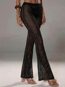 Swim Vcay Summer Beach Solid Cover Up Pants - Black - View 3