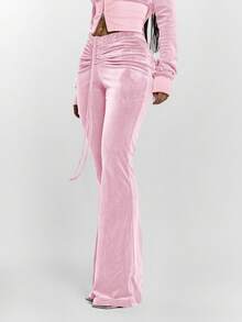 MUSERA 抽绳系带褶皱前片低腰丝绒修身喇叭裤（仅裤子）性感外出夜游可爱街头风夏季休闲裤 - 淺粉色 - 查看 3