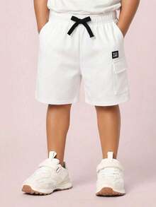 SHEIN Tween Boys' Casual Summer White Cargo Shorts,Comfortable Tight Patch Pocket Contrast Trim Loose Straight Leg Pants For School,Garden,Beach,Birthday - Black - View 7