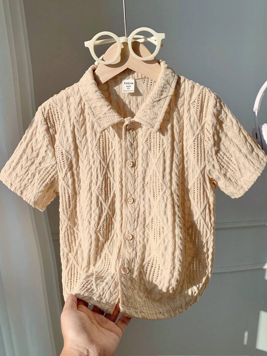 SHEIN Young Boy Plain Collar Textured Fabric Casual Short Sleeve Cardigan