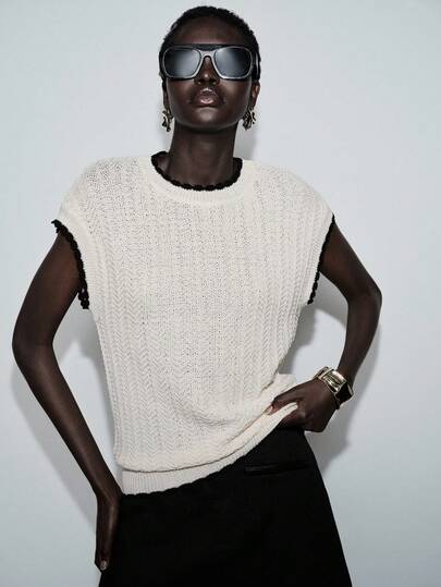 Lumivelle Black Patchwork Crew Neck Loose Casual Knit Pullover Top, Spring/Summer