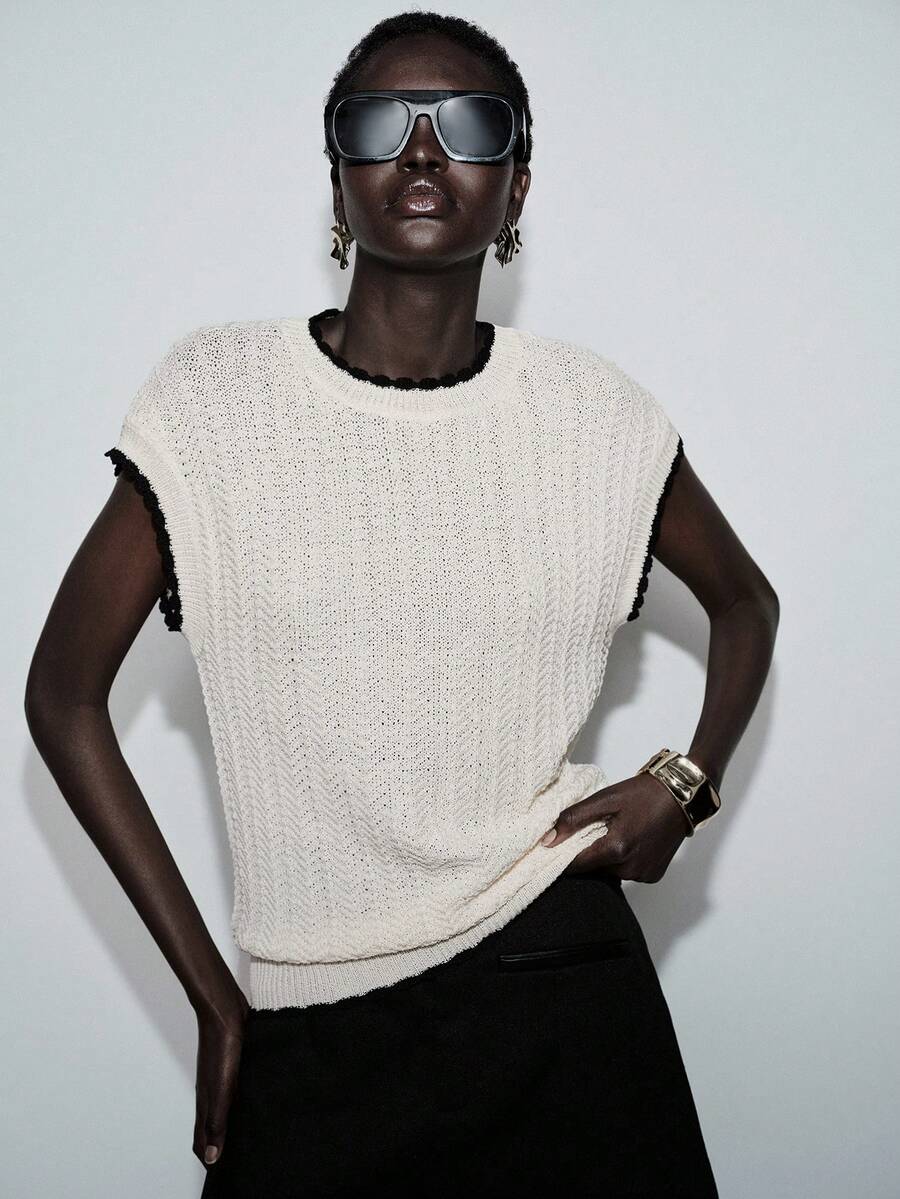 Lumivelle Black Patchwork Crew Neck Loose Casual Knit Pullover Top, Spring/Summer - Apricot - View 1