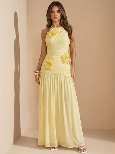 SHEIN BAE Solid Color Yellow Cream Sleeveless Ruched Mesh Maxi Elegant Dress For Women, Suitable For Cocktail Party, Romantic Date, Gathering, Formal Event, Bridesmaid Dress, Summer Dress, Tea Party Dress, Christmas Dress, New Year, Valentine's Day