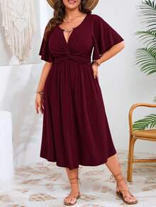 EMERY ROSE Plus Size Women's Spring/Summer Chain Link Patchwork Ruffle Twist Waist Textured Elegant V-Neck A-Line Midi Dress - Burgundy - View 6