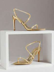 SHUZIA Women's Metallic PU Sexy Point Toe Rhinestone Back Strap Stiletto Heel Sandals - Gold - View 9