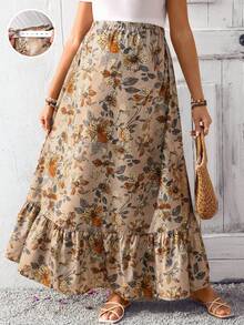 SHEIN Maternity Floral Print Elegant A-Line Skirt, Summer Holiday Outfits , Summer Outfits - Brown - View 3