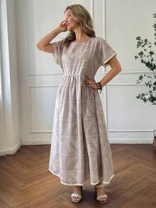 Livesso 女士圆领蕾丝拼接腰部印花中长连衣裙 - 杏色 - 查看 4