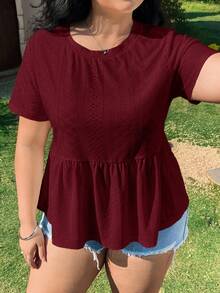 SHEIN EZwear 大码夏季休闲酒红色镂空刺绣短袖T恤 - 酒紅色 - 查看 3