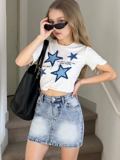 Tween Girls Denim Jeans, New Spring/Summer Collection, Light Blue Washed Denim, Y2K Style, Denim Mini Skirt, Casual & Comfortable, Soft Cotton Denim, Suitable For Daily Wear, School, Commute, Girls Denim Mini Skirt