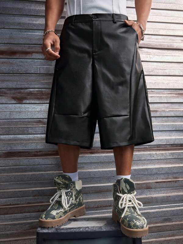 AXEPEAK Men's Solid Color Pocket PU Leather Loose Fit Bermuda Shorts