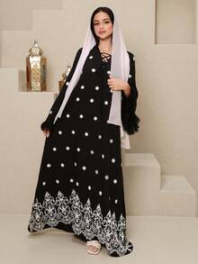 Al Najma Đầm nữ in hoa tay tua rua kiểu Ả Rập thanh lịch - màu đen - Xem 6