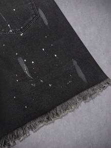 Manfinity Denimwave Men's Summer Black Fringe Hem Distressed Loose Denim Shorts - Black - View 6