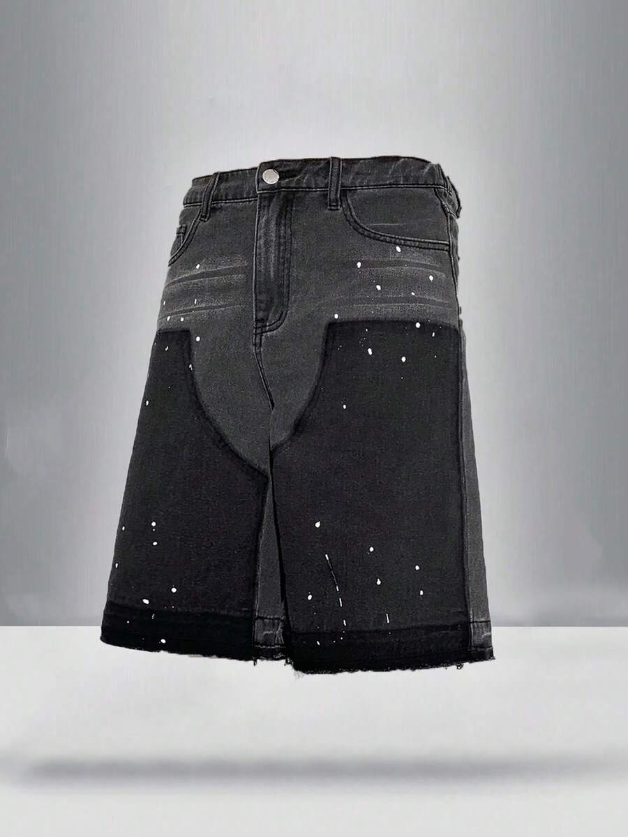 SHEIN Teen Boy Fashion Casual Boy's Stylish Black Loose And Comfortable Mix Of Street And Paint Dots Straight Leg Shorts Jeans For Teen Boy Clothes Boys Dailywear And Teen Boy Summer And Spring Clothes