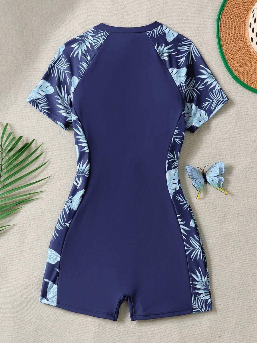 Teen Girl Tropical Leaf Print Zip-Front Raglan Short Sleeve Rash Guard One-Piece Swimsuit, Summer Holiday - Blue - View 1