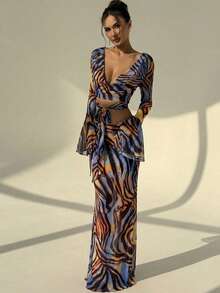Aloruh Women's Summer Vacation Two-Piece Set, Beachwear, Sexy Retro Zebra Print Animal Print Suit, Y2K Music Festival Outfit, Party Outfit, Girls' Afternoon Tea Outfit. Elegant Printed Round Neck Short Flared Sleeve Top And Skirt Two-Piece Set. - Black - View 3