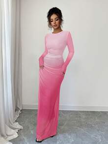 SHEIN Raffinéa Đầm ôm sát dài tay bằng vải lưới xuyên thấu, kiểu ombre, xếp ly, thích hợp mặc hàng ngày đi biển, ở nhà, công sở. - Màu Hồng  San hô - Xem 5