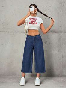 SHEIN Tall Women's Fashion Casual Wide Leg Mid-Rise Jeans - Dark Wash - View 5