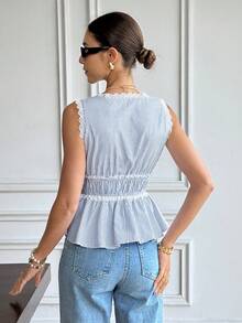 Serisse Áo kiểu nữ không tay kẻ sọc viền ren, thích hợp cho mùa hè. - Xanh và trắng - Xem 2