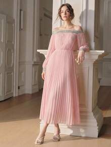 Anewsta Elegant One-Shoulder Ruched Waist Rhinestone Embellished Pink Dress, Women's New Year Party Long Sleeve Dress - Dusty Pink - View 1