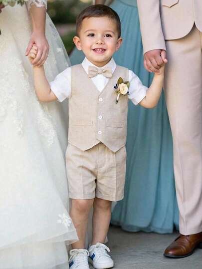 3pcs Young Boys Gentleman Suit Set - White Short Sleeve Shirt, Vest, And Shorts/Pants. Elegant Outfit For Spring/Summer, Suitable For Birthday Party, Christening, 1st Birthday Celebration, Formal Occasions, Wedding Guest, Pageboy, Ring Bearer