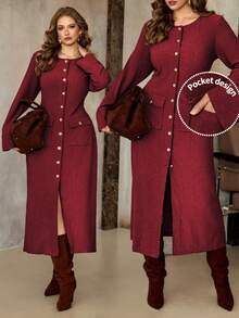 Roveilla 大码女式纹理面料圆领前扣金属腰带开衩口袋实用连衣裙，长袖，适合通勤、商务、度假、休闲、秋冬、圣诞节、新年等场合。酒红色女式连衣裙，酒庄风格女装，酒红色女装，长袖女式连衣裙，西部风格女式连衣裙，大码西部风格女装，纽扣前开襟女式连衣裙，红色长裙 - 酒紅色 - 查看 1