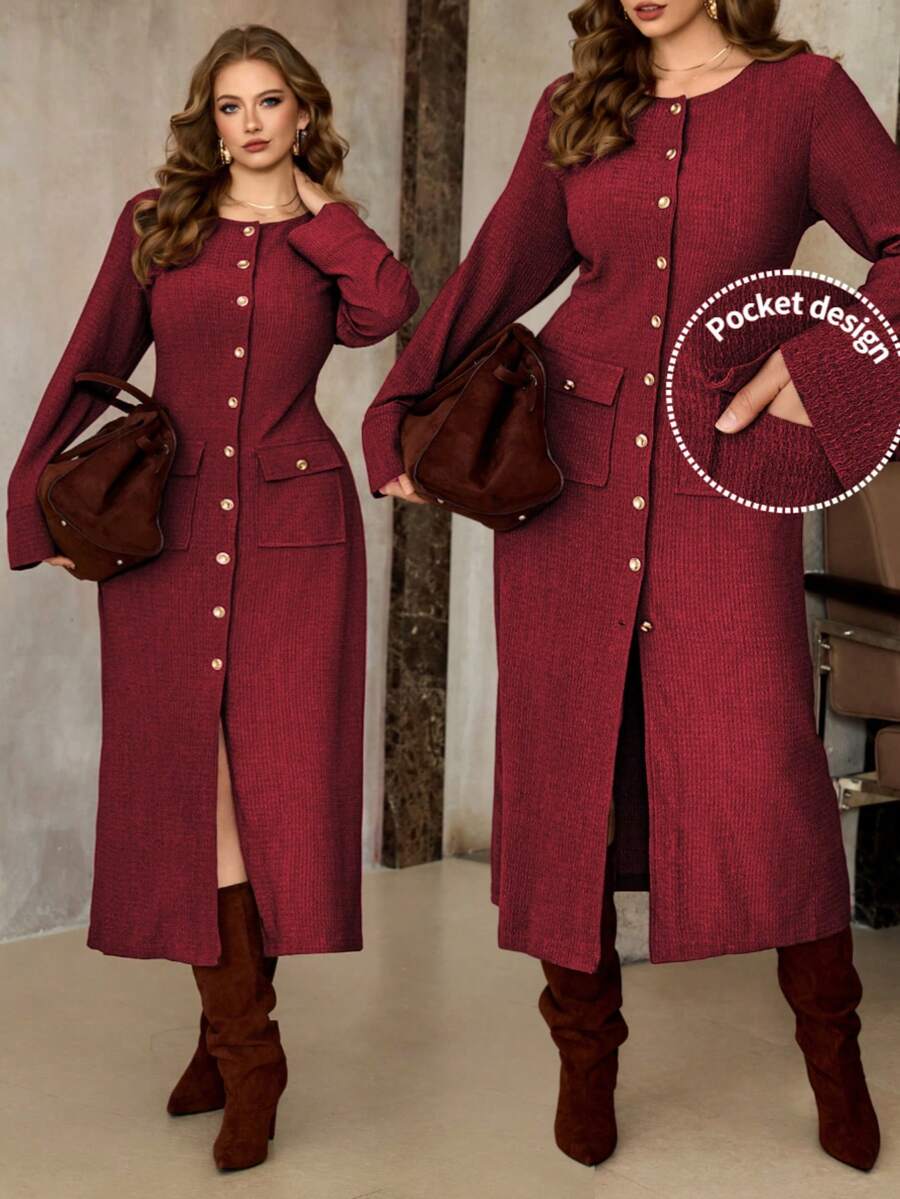 Roveilla 大码女式纹理面料圆领前扣金属腰带开衩口袋实用连衣裙，长袖，适合通勤、商务、度假、休闲、秋冬、圣诞节、新年等场合。酒红色女式连衣裙，酒庄风格女装，酒红色女装，长袖女式连衣裙，西部风格女式连衣裙，大码西部风格女装，纽扣前开襟女式连衣裙，红色长裙 - 酒紅色 - 查看 1