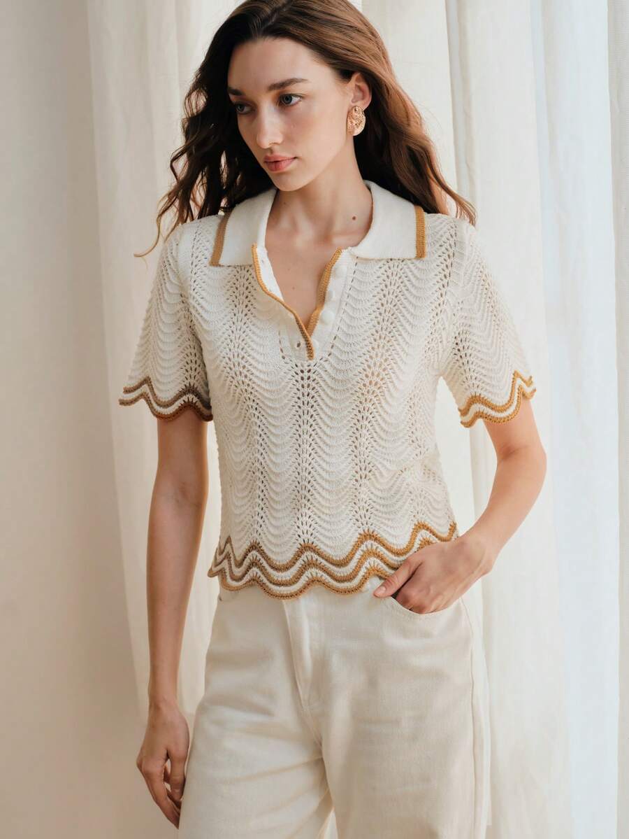 Anewsta Women's Knitted Polo Collar Short Sleeve Pullover Top - White - View 1