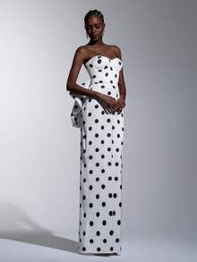 Elitara 优雅奢华波点数码印花缎面手工大蝴蝶结装饰无肩带直筒连衣裙，女士正式晚礼服参考款 - 黑與白 - 查看 6