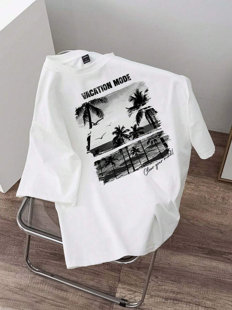 Manfinity Joysei Men's Vacation Style Coconut Tree Print T-Shirt Printed Mens T-Shirt Mens Summer T-Shirt Men Vacation Tops - White - View 1