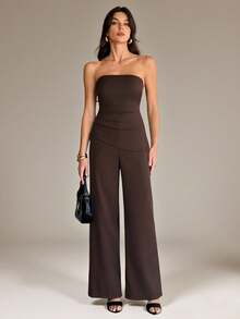 SHEIN Tall Women's Casual Sleeveless Top And Pants Suit Set, Summer In Fall/Winter Brown Two Piece Set Strapless Jumpsuit Brown Jumpsuit Dark Brown Top Chocolate Brown Top Brown Strapless Top Strapless Top And Pants Set Dark Brown Two Piece Set Chocolate Brown Outfit Wide Leg Brown Pants - Brown - View 5