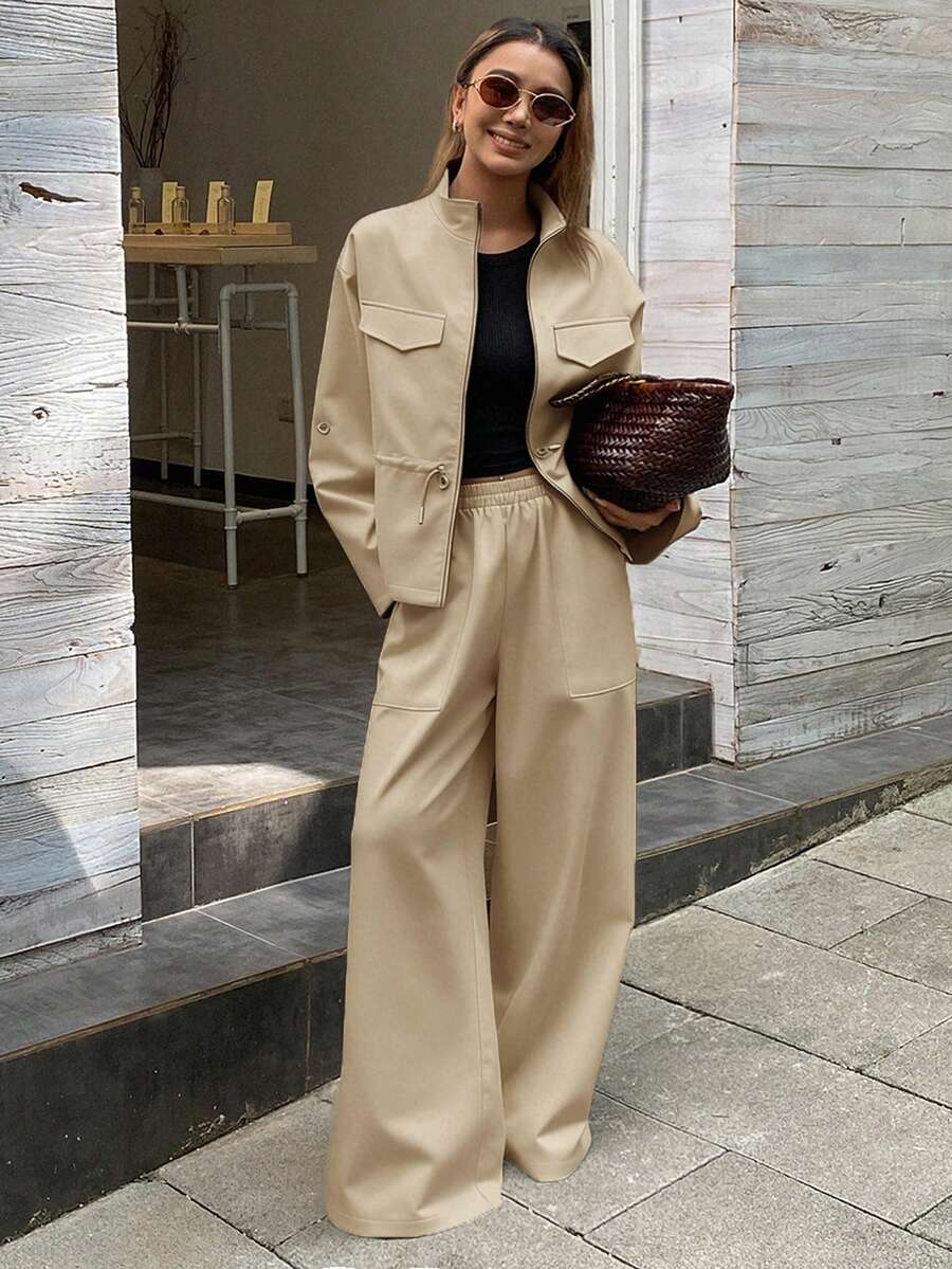 Livesso Women's High Collar Cinched Waist Loose Top And Casual Pants 2 Pieces Set, Autumn/Winter - Khaki - View 1