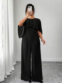 Elenzga Ruffle Boat Neck Tie Shawl Chiffon Jumpsuit Maxi Dress, Business Casual Party Summer Women Outfit, Elegant Formal Women Dresses, Evening Dress, Wedding Guest - Black - View 4