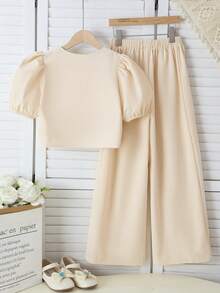 SHEIN 2pcs Girls Casual & Elegant Flutter Sleeve Round Neck Blouse And Wide Leg Pants Set - Apricot - View 12