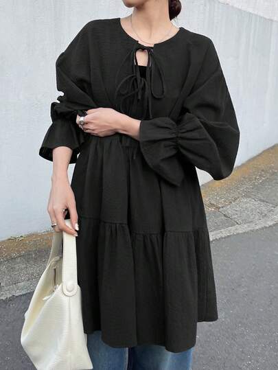 FRIFUL 女士纯色棉质衬衫，抽绳领，喇叭袖口，褶裥拼接，宽松休闲百搭春季装扮