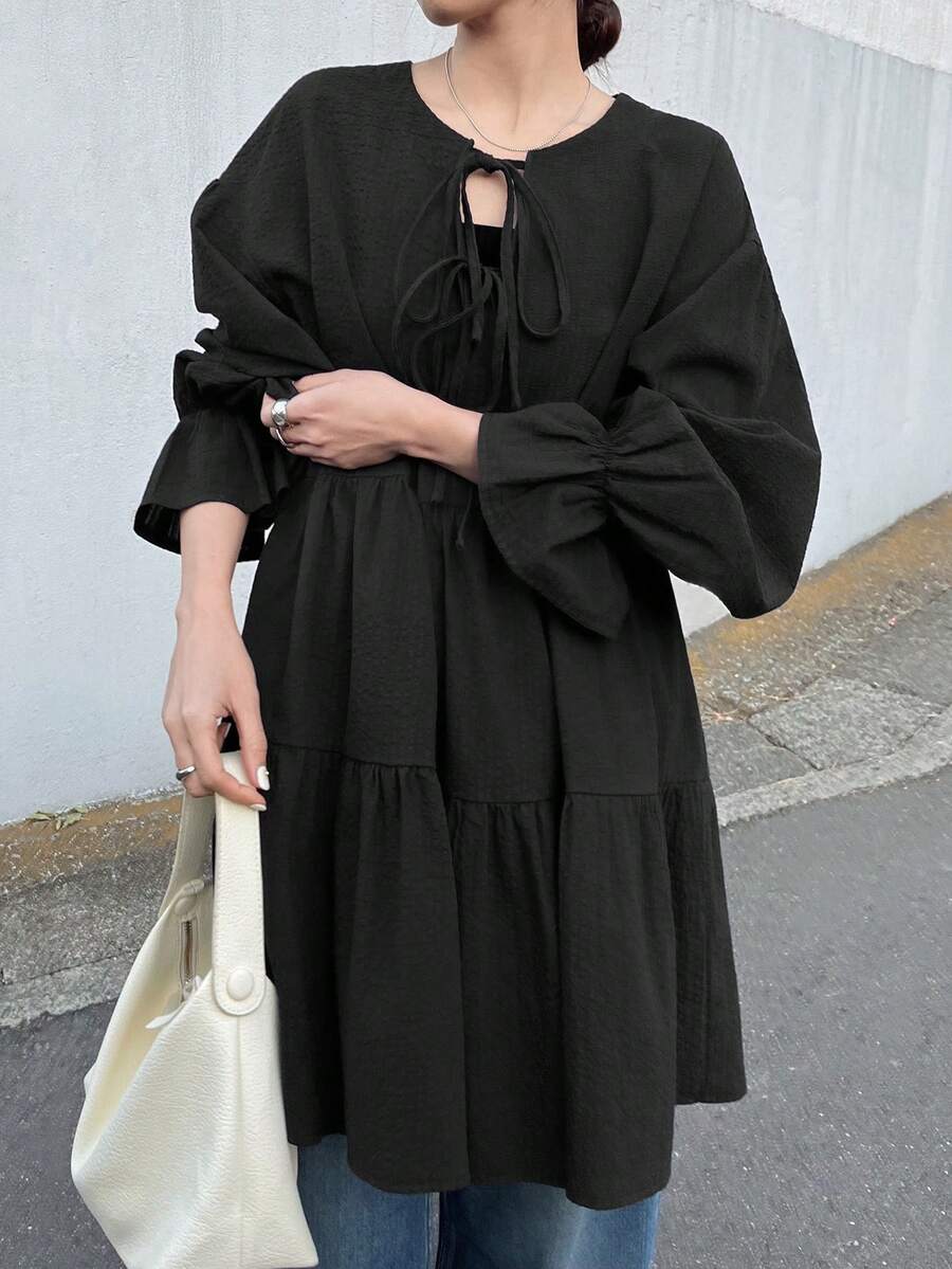 FRIFUL Women's Solid Color Cotton Shirt With Drawstring Collar, Bell Cuffs, Pleated Splice, Loose Casual Versatile Spring Long Sleeve - Black - View 1