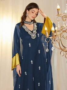 Layrah Women's Elegant Pearl Embroidered Floral Patchwork Contrast Color Luxurious Dress - Royal Blue - View 3