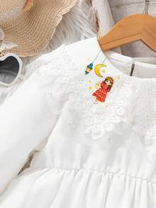 Young Girl Floral Lace Collar Long Sleeve Dress, Sweet & Cute Countryside Style, Spring/Autumn - White - View 7
