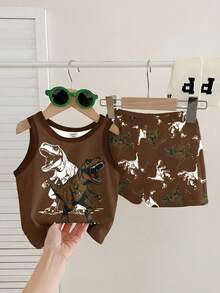 Baby Boy Casual Soft Comfortable Stylish Cartoon Dinosaur Print Sleeveless Round Neck Tank Top And Dinosaur Silhouette Print Shorts Set, Suitable For Spring/Summer - Multicolor - View 2