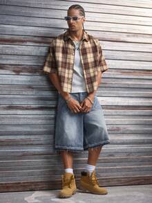 AXEPEAK 男士多尺码翻领短袖宽松印花侧缝拼接衬衫 - 卡其色 - 查看 5