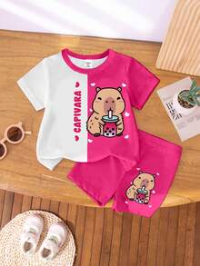 2pcs/Set Girls Casual Creative Cute Cartoon Rabbit, Bubble Tea, Heart Graphic Print T-Shirt And Bike Shorts Set, Comfortable Cozy Summer And Fall Styles, Suitable For Spring, Summer, Autumn
